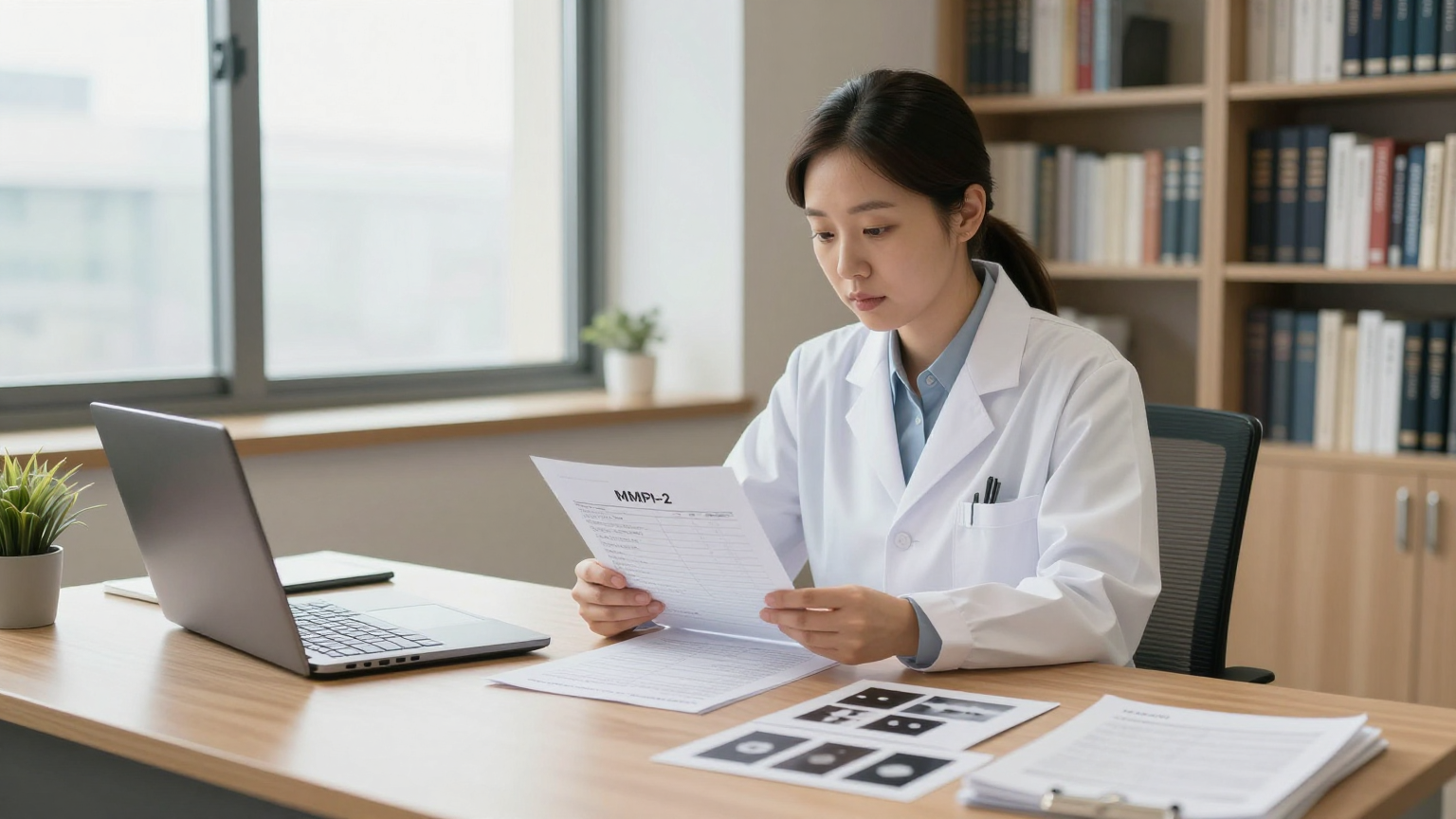 임상심리사 시험 준비 장면 - 상담심리학 교재와 MMPI 프로파일 시트가 놓인 책상