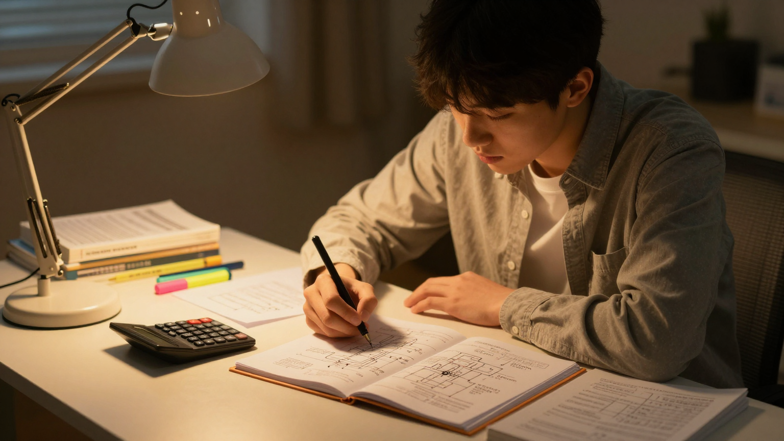 전기기사 필기 공부 환경 - 전기기사 교재와 공학용 계산기가 놓인 책상