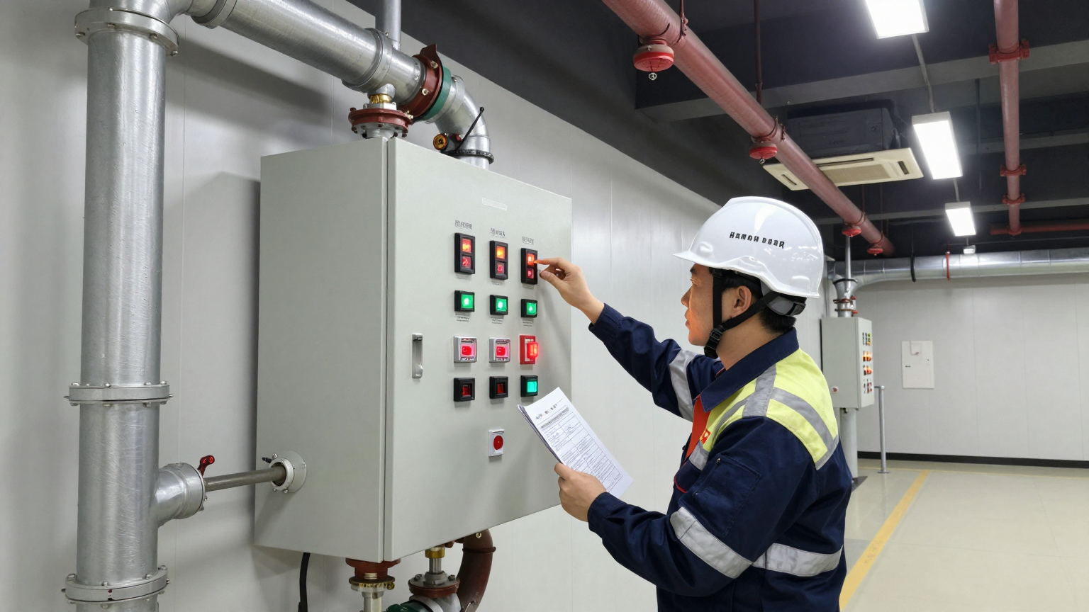 소방설비기사가 스프링클러 설비를 점검하는 현장