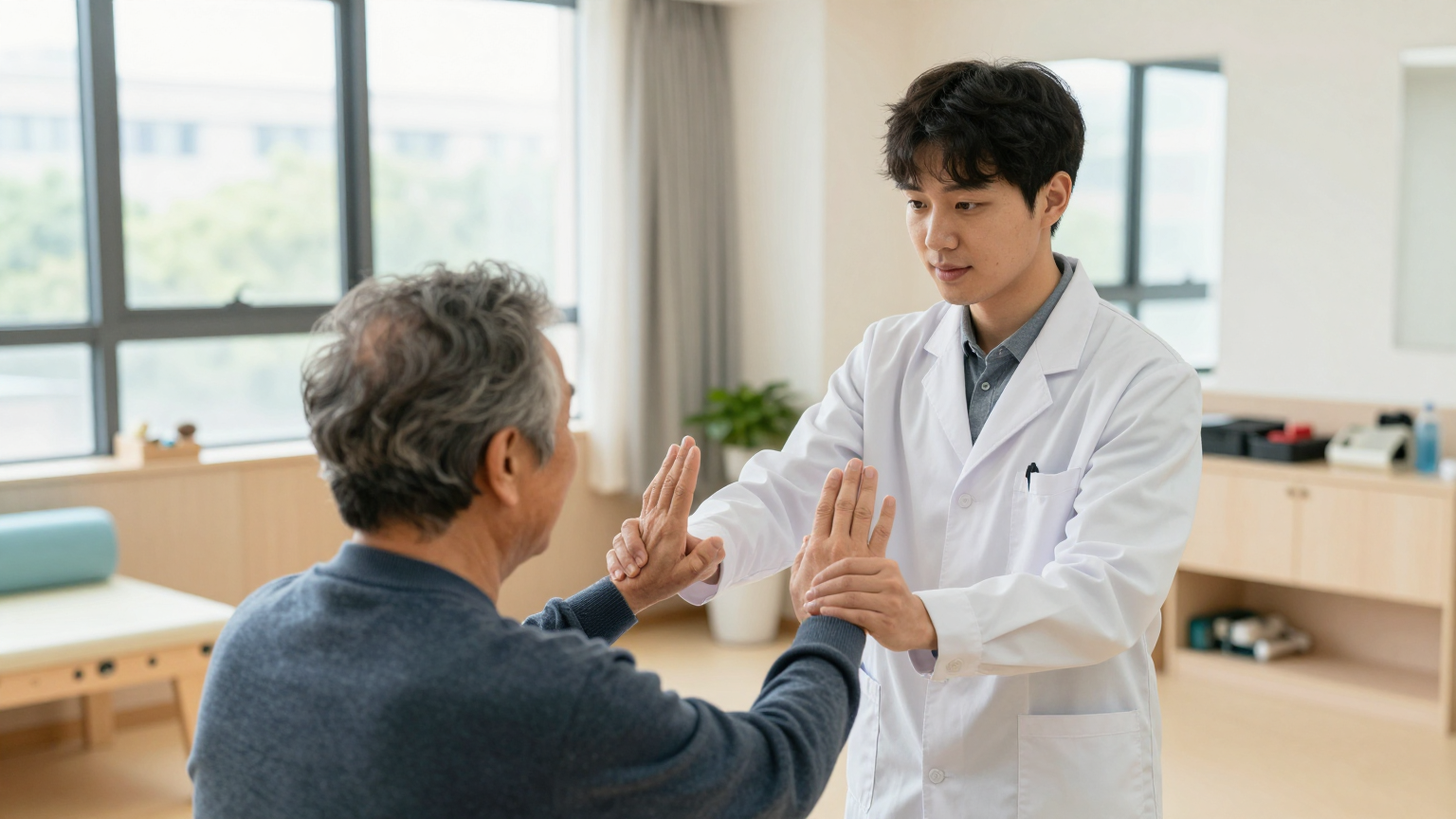 작업치료사가 환자와 손 기능 재활 훈련을 하는 모습