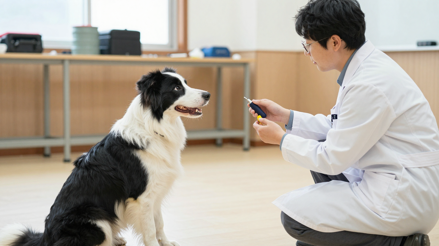 반려동물행동교정사가 보호자와 반려견을 대상으로 행동교정 상담을 진행하는 모습