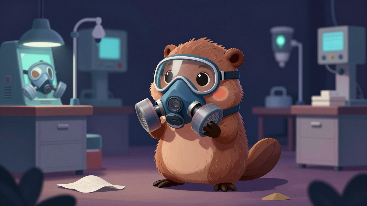 가스마스크검사원 직업 종사자가 업무를 수행하는 모습