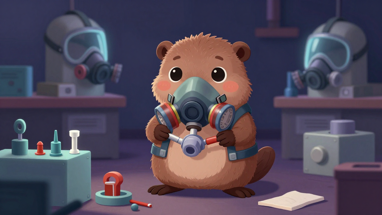 가스마스크조립원 직업 종사자가 업무를 수행하는 모습