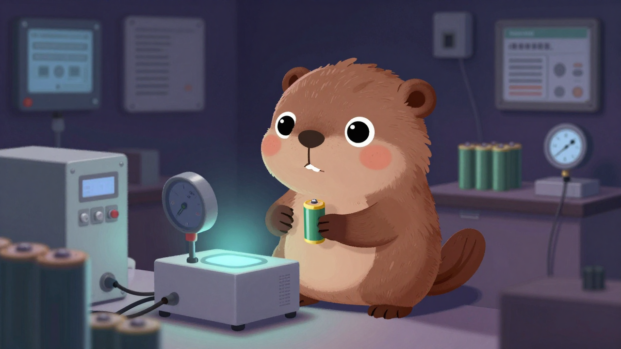 건전지품질검사원 직업 종사자가 업무를 수행하는 모습