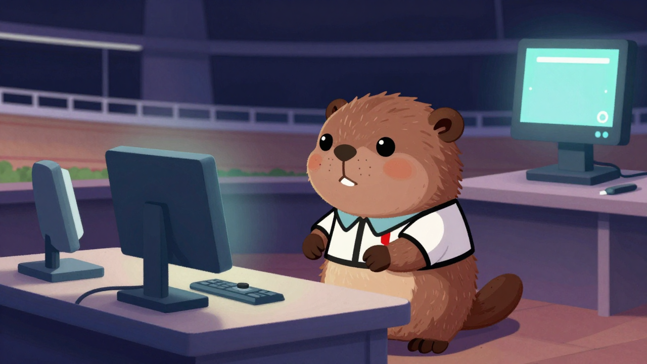 경륜주로심판원 직업 종사자가 업무를 수행하는 모습