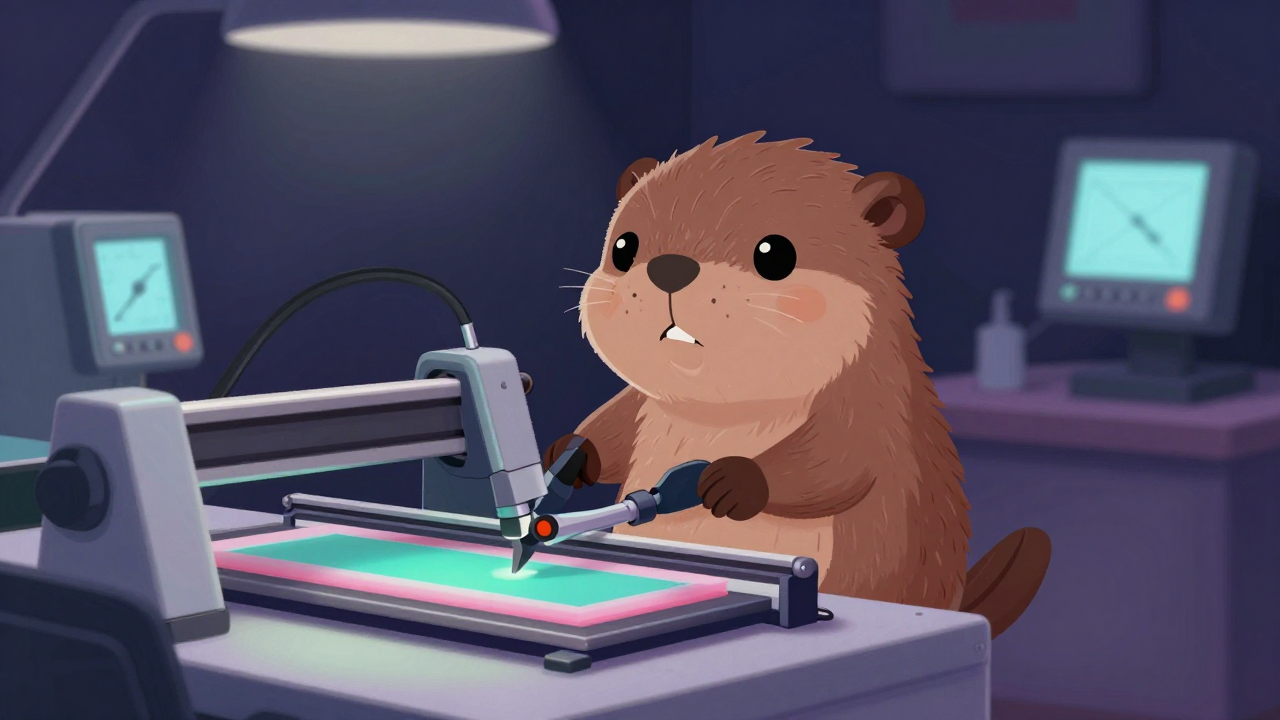 고무재단기조작원 직업 종사자가 업무를 수행하는 모습