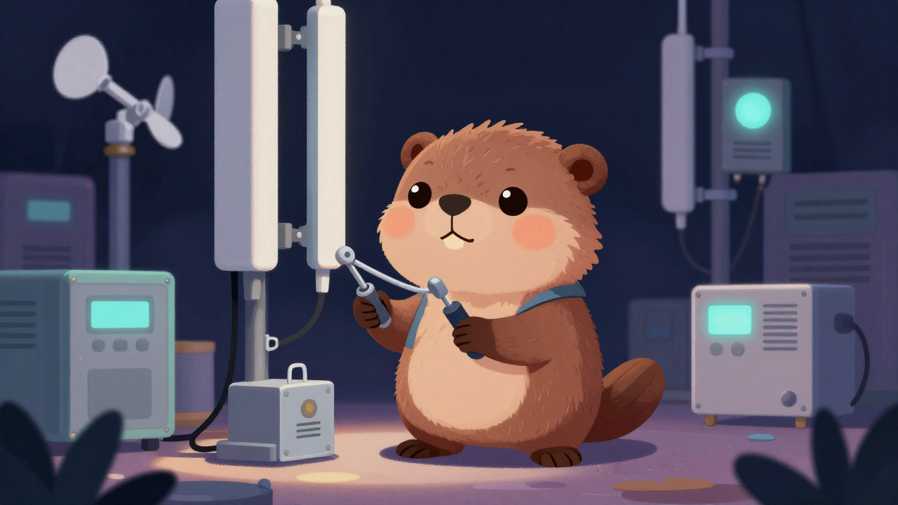 기지국유지보수원 직업 종사자가 업무를 수행하는 모습