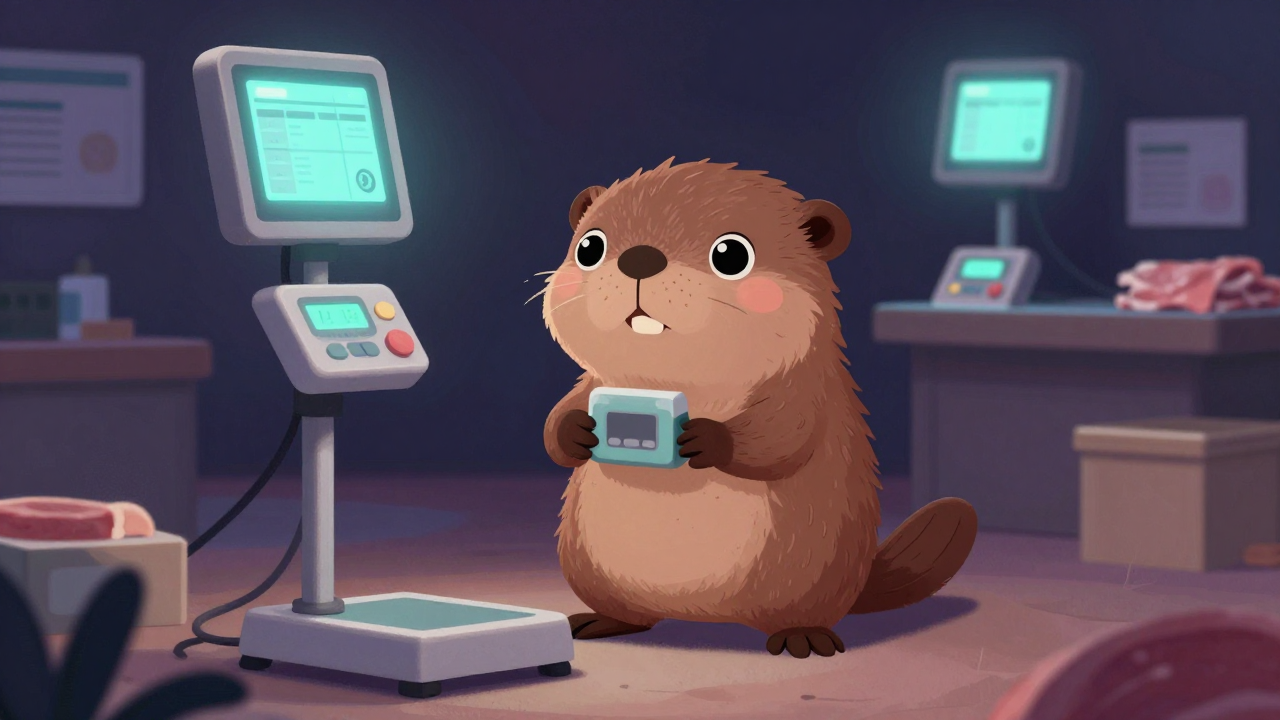 도축육계량원 직업 종사자가 업무를 수행하는 모습