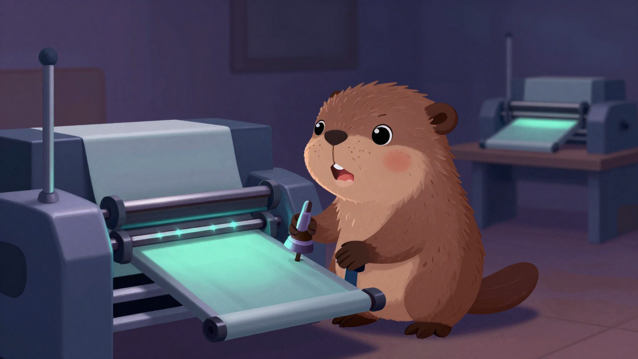 로터리스크린날염기운전원 직업 종사자가 업무를 수행하는 모습