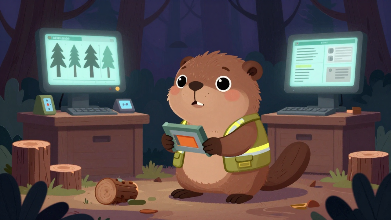 목재수확조사원 직업 종사자가 업무를 수행하는 모습