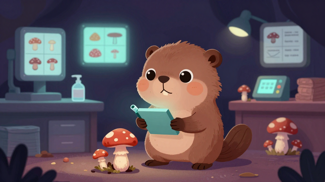 버섯검사원 직업 종사자가 업무를 수행하는 모습