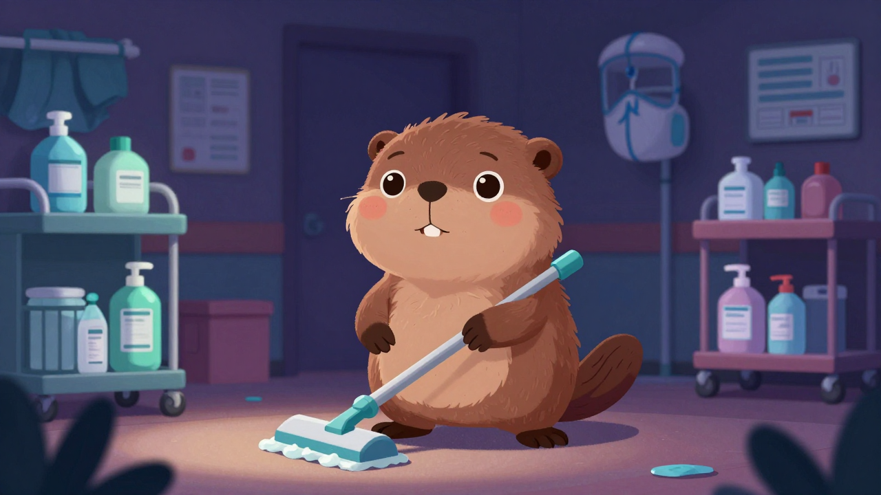 병원청소원 직업 종사자가 업무를 수행하는 모습