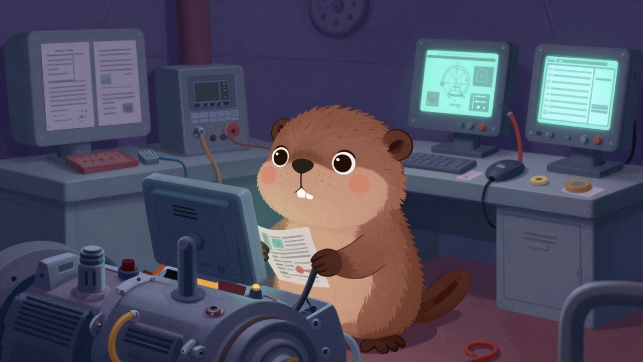 선박기관사 직업 종사자가 업무를 수행하는 모습