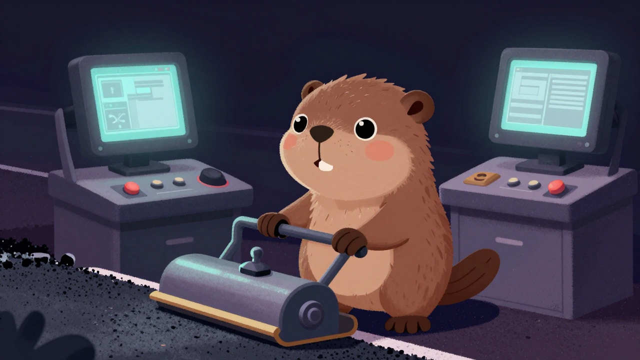 아스팔트피니셔조종사 직업 종사자가 업무를 수행하는 모습