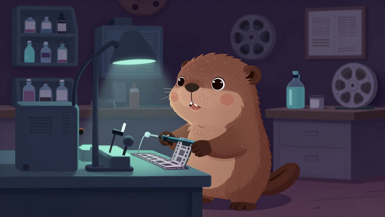 영화필름현상원 직업 종사자가 업무를 수행하는 모습