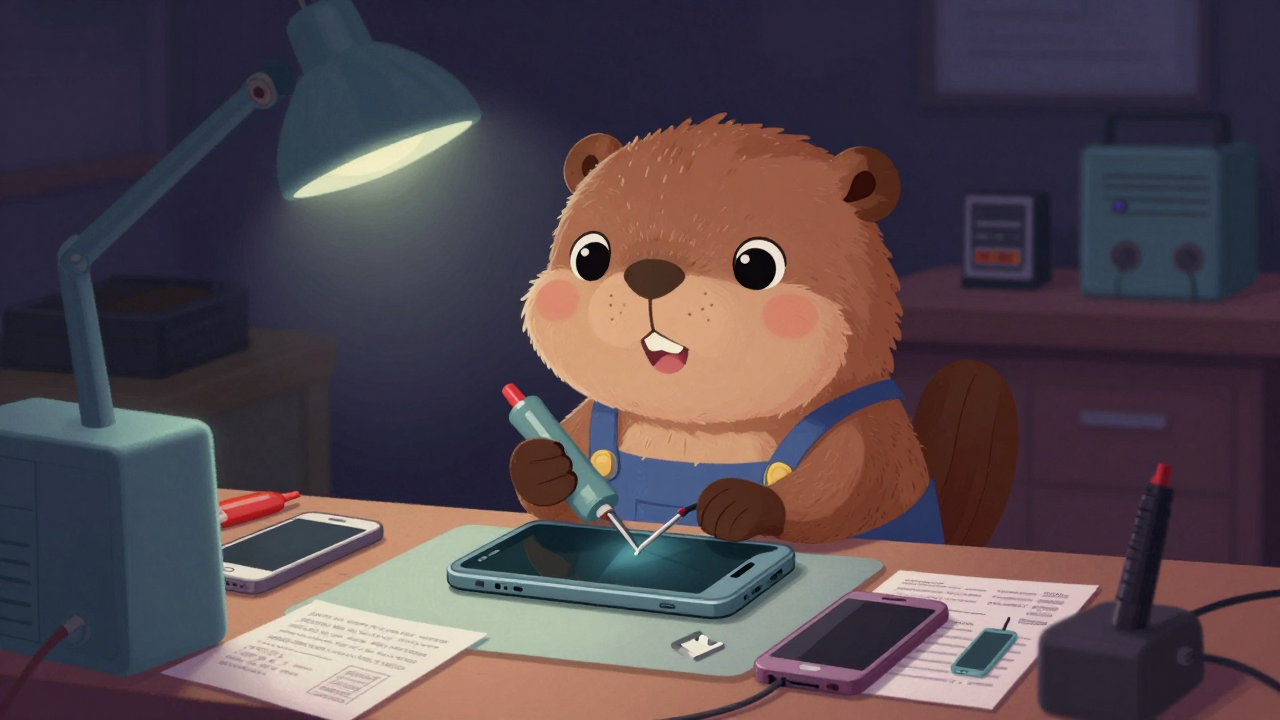 이동전화기수리원 직업 종사자가 업무를 수행하는 모습