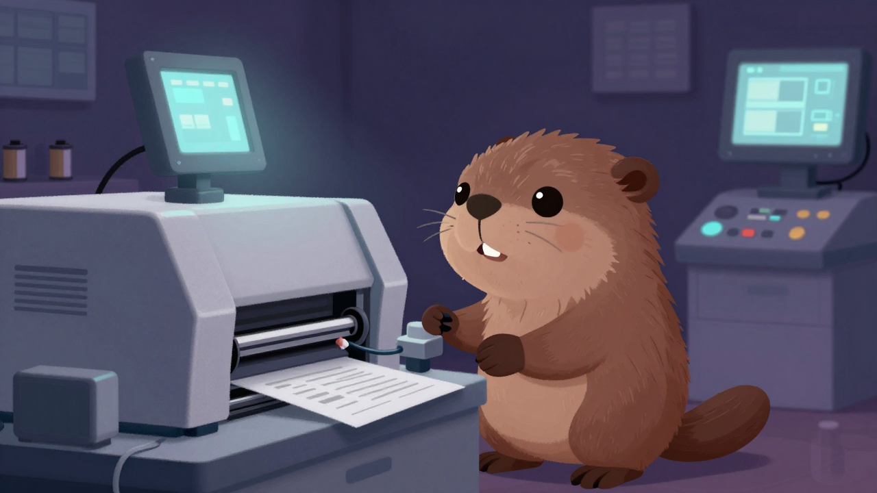 자동인화현상기조작원 직업 종사자가 업무를 수행하는 모습