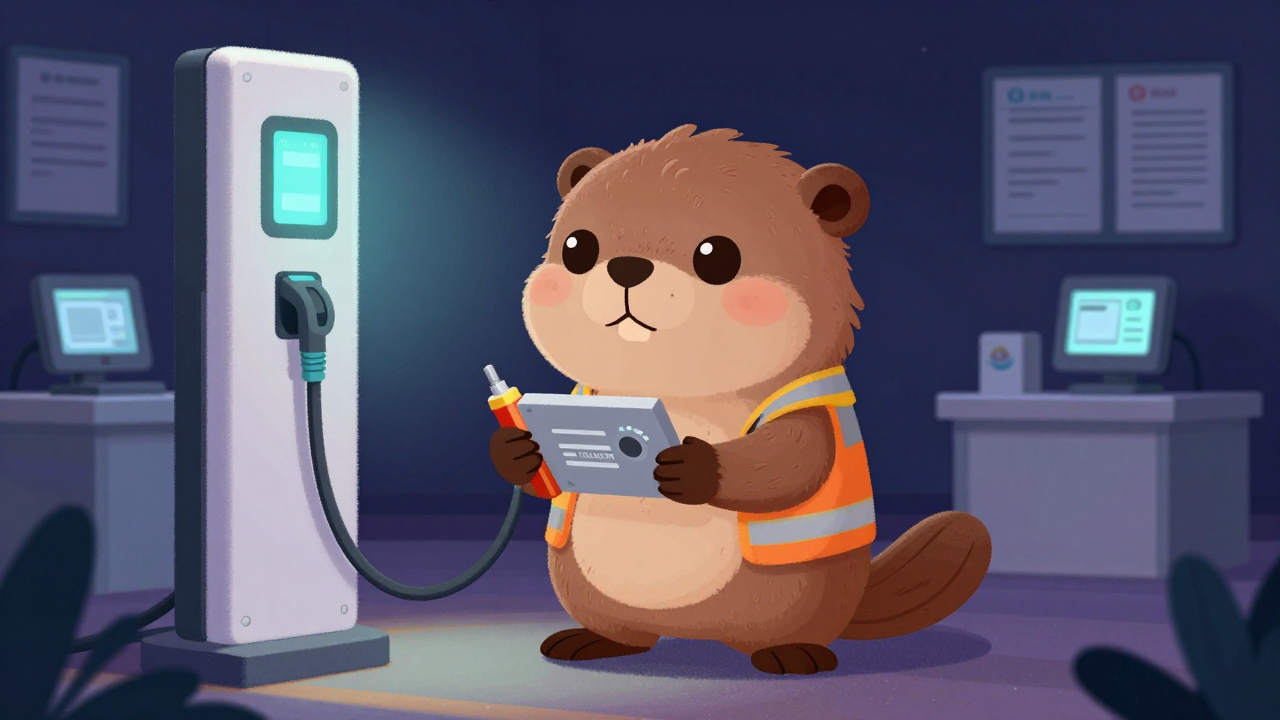 전기차충전기현장점검원 직업 종사자가 업무를 수행하는 모습