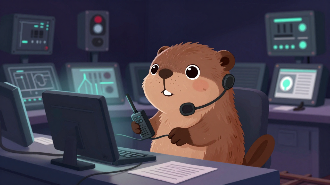 전동차통신사령원 직업 종사자가 업무를 수행하는 모습