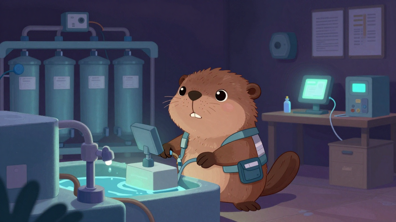 정수시설운전보조원 직업 종사자가 업무를 수행하는 모습