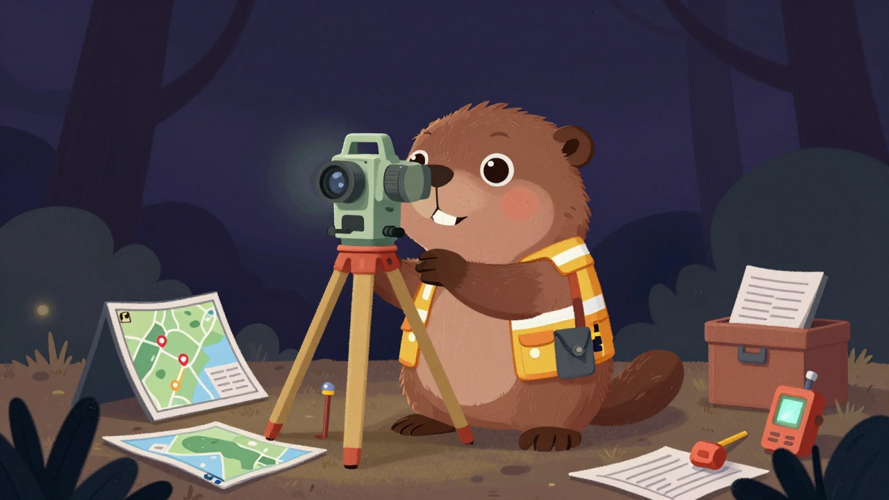 측량사 직업 종사자가 업무를 수행하는 모습